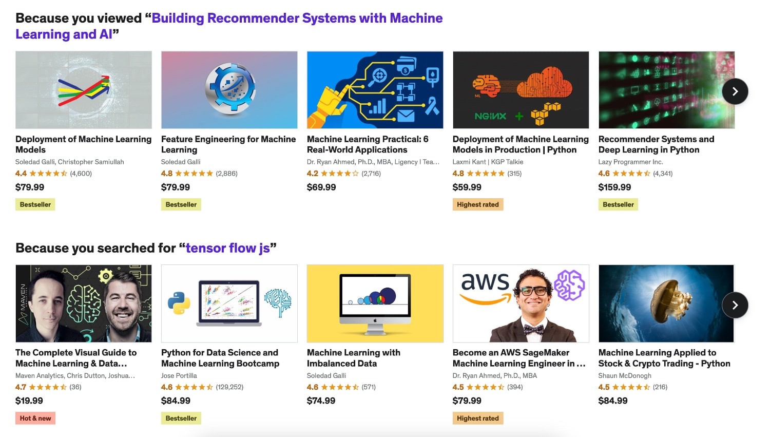 Udemy's recommendation section