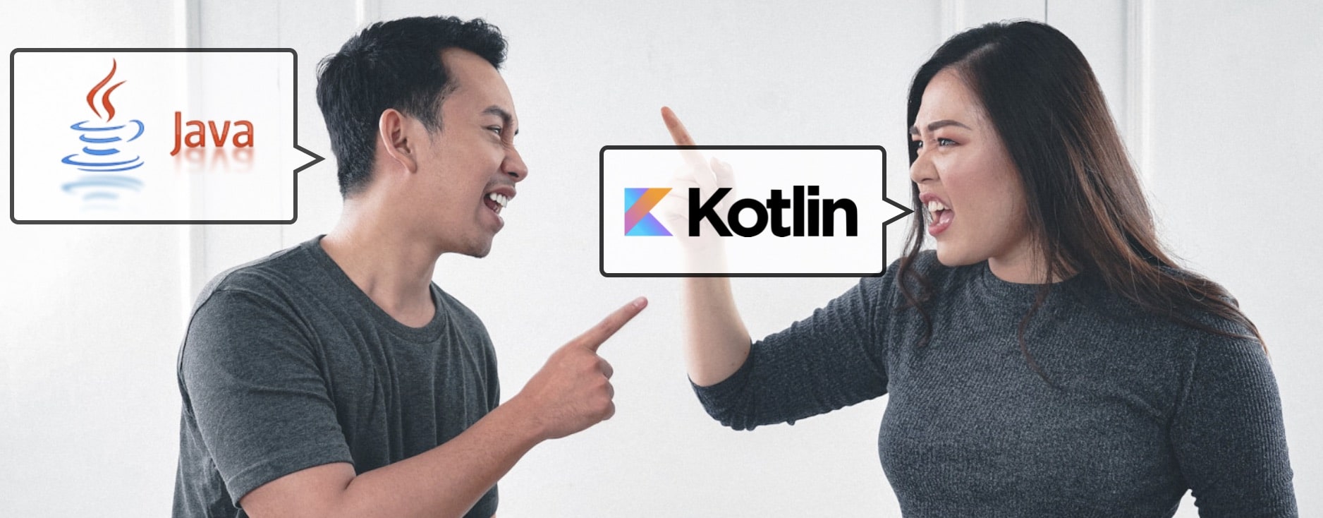 Man and woman are arguying about which is better, Kotlin or Java