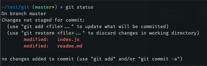 "git status" command output. It shows that we modified index.js and readme.md files