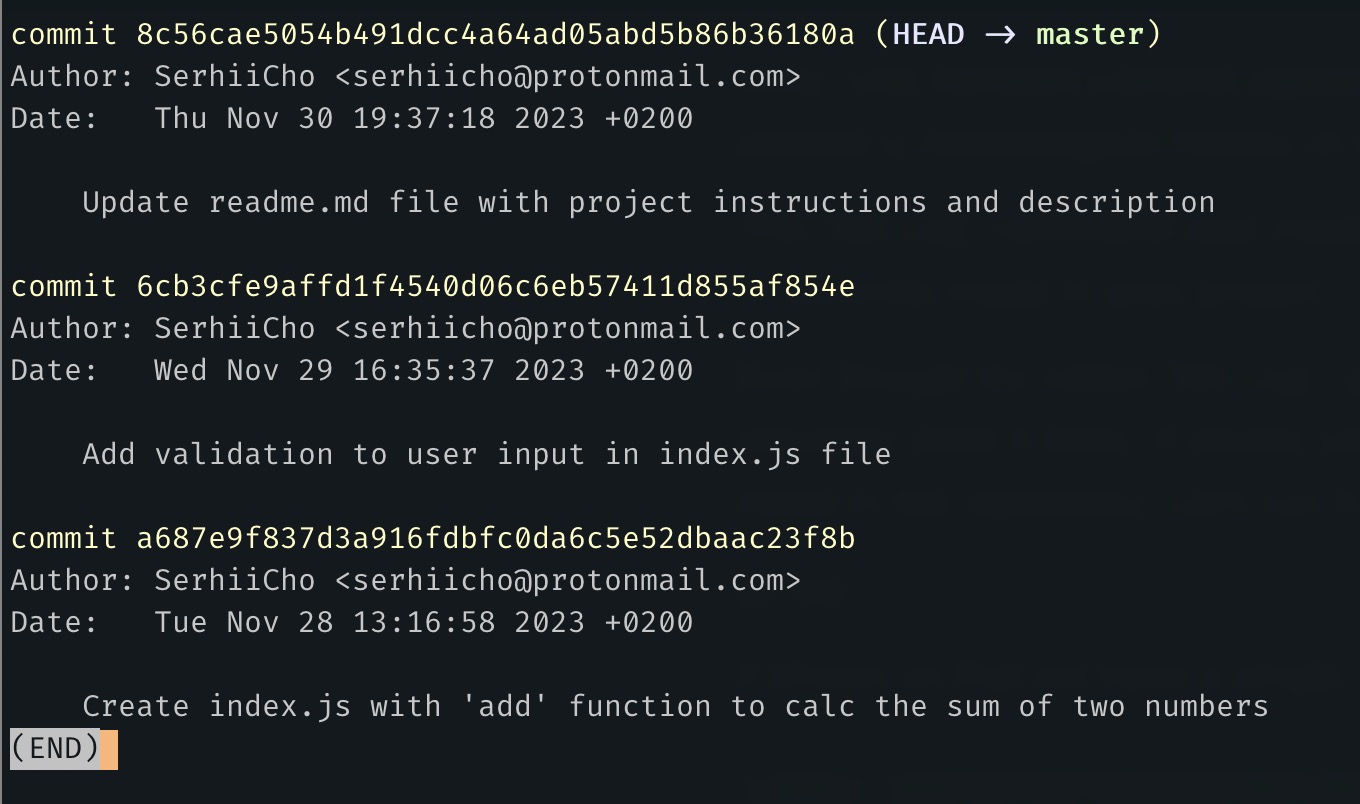 "git log" command output. It shows that we have 3 commits in the history