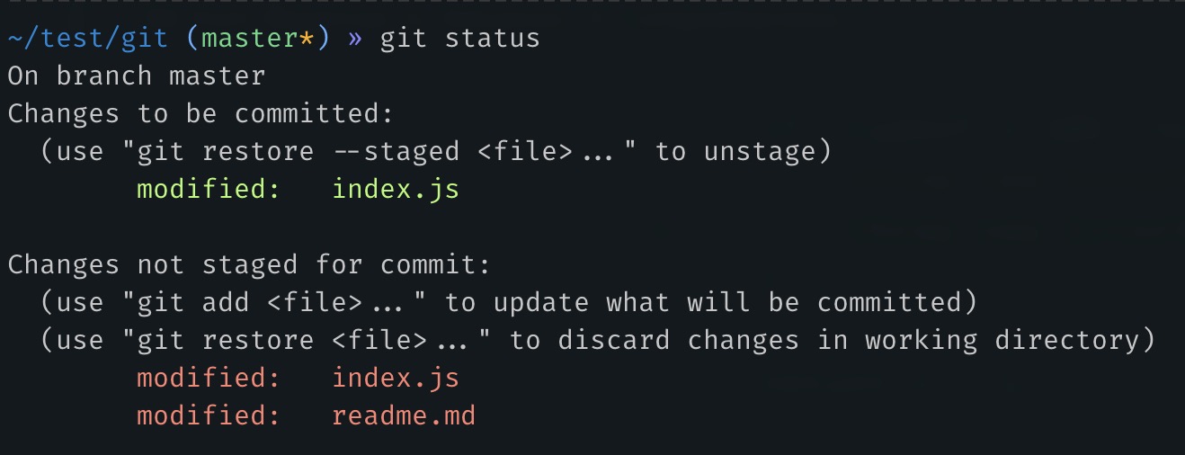 "git status" command output shows that we modified index.js and it's added staged. Also shows that we modified index.js and readme.md and it's not staged
