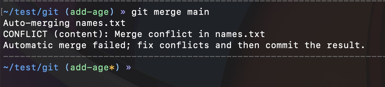 Auto-merging names.txt CONFLICT (content): Merge conflict in names.txt Automatic merge failed; fix conflicts and then commit the result.