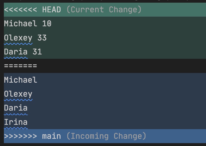 くくくくくくく HEAD (Current Change) Michael 10 Olexey 33 Daria 31 Michael Olexey Daria Irina >>>>>>> main (Incoming Change)