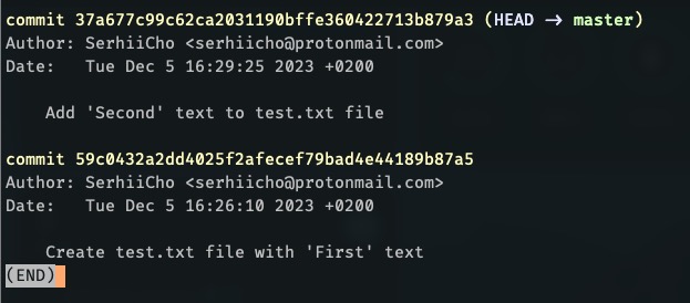 "git log" command output with 2 commits