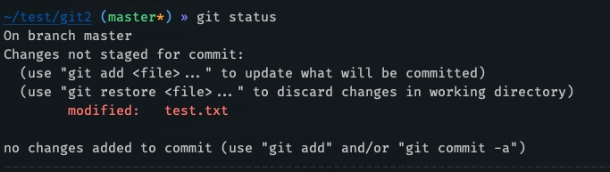 "git status" command output shows that "test.txt" file is modified