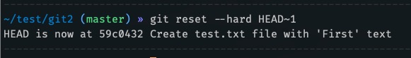 "git reset --hard HEAD~1" command output