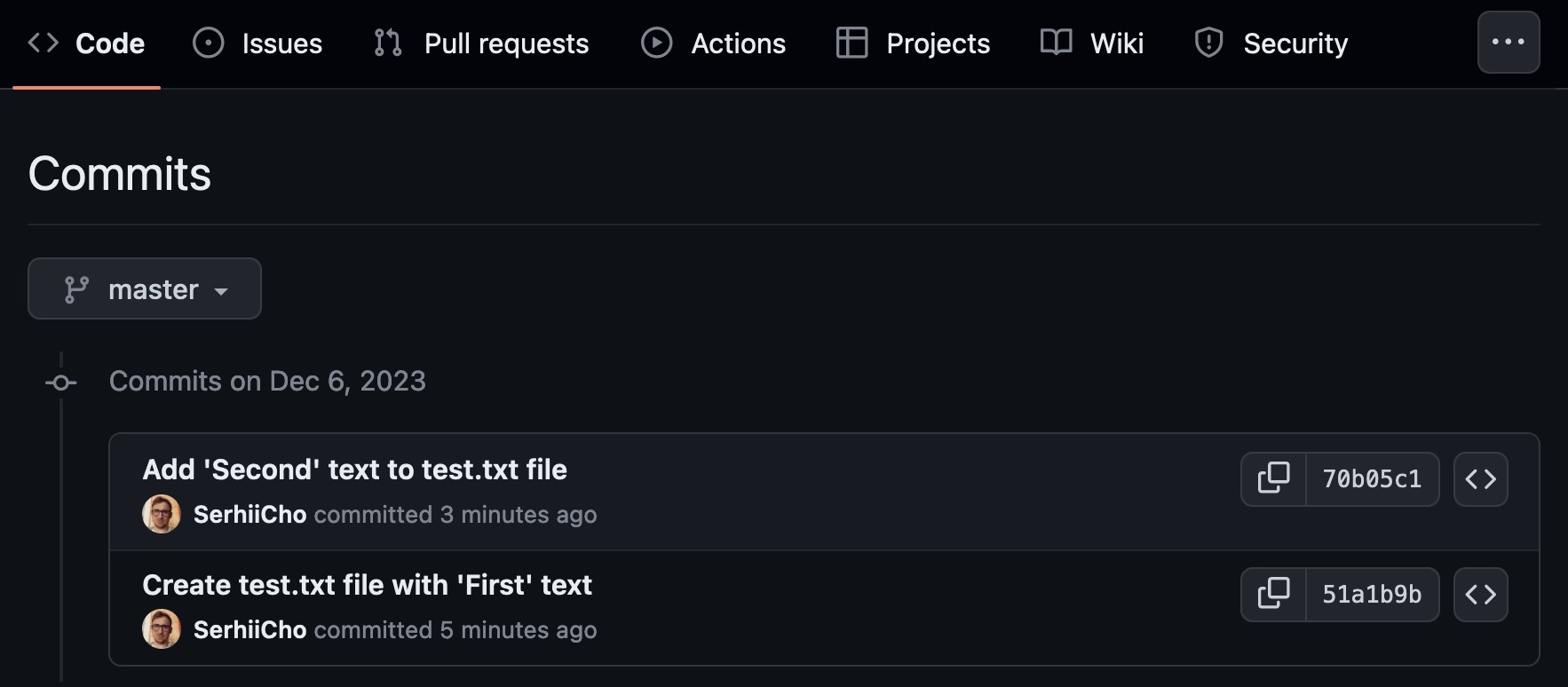 Screenshot from GitHub shows 2 commits in the repository