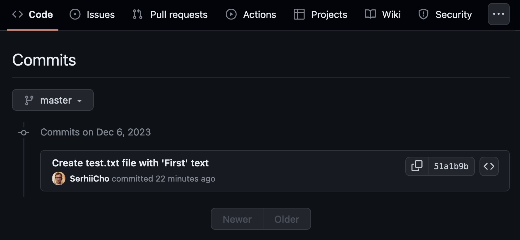 Screenshot from GitHub shows 1 commit in repository
