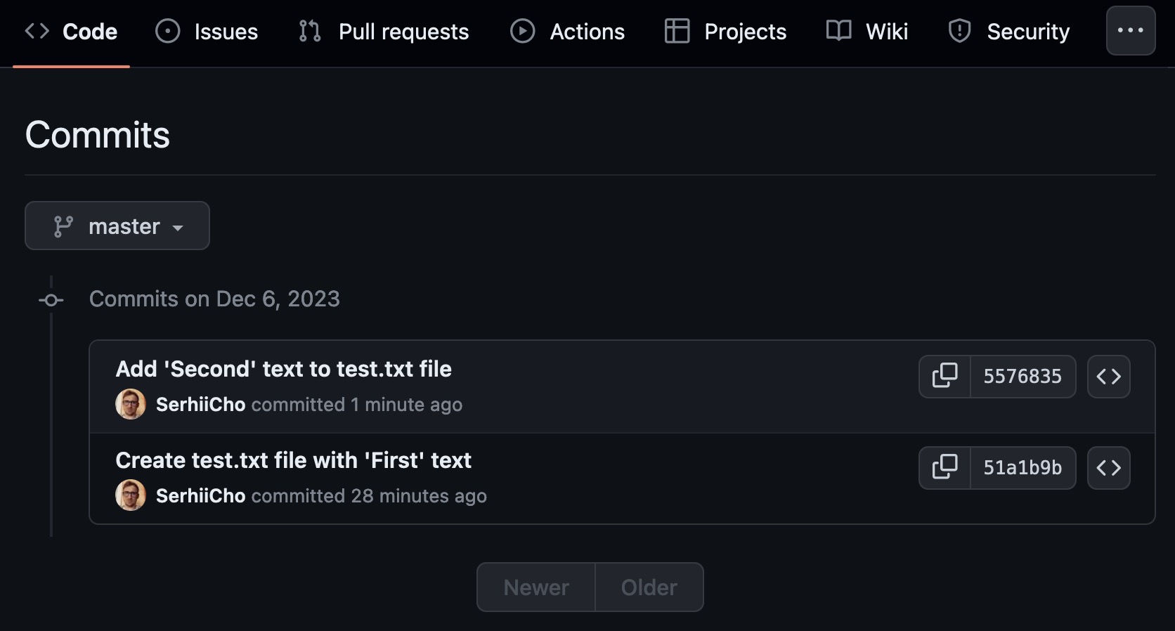 Screenshot from GitHub shows 2 commits in repository