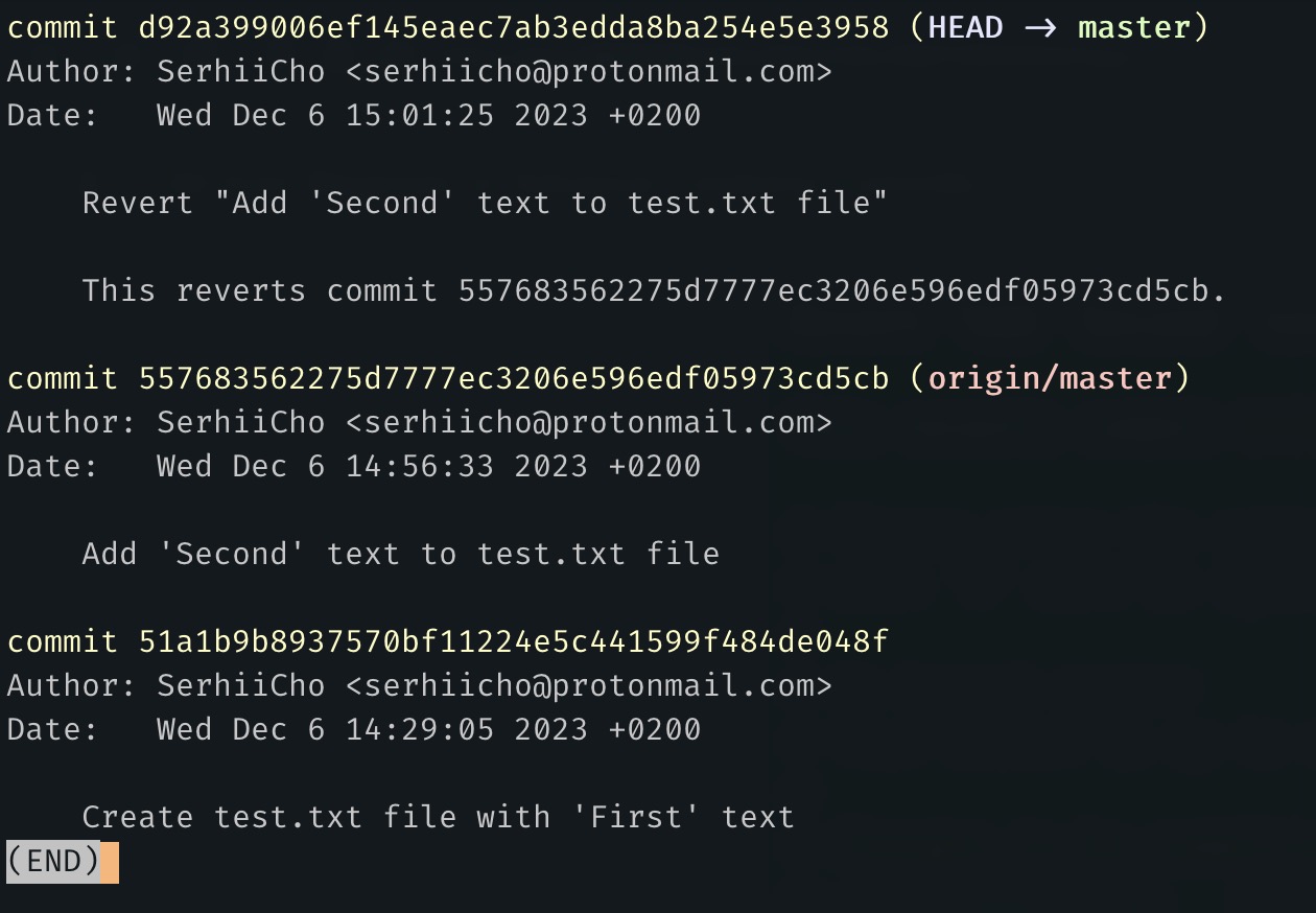 "git log" command output shows 3 commits in Git history