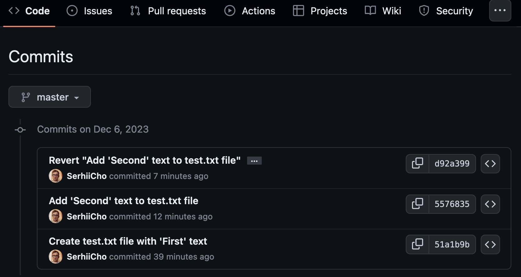 Screenshot from GitHub shows 3 commits in repository