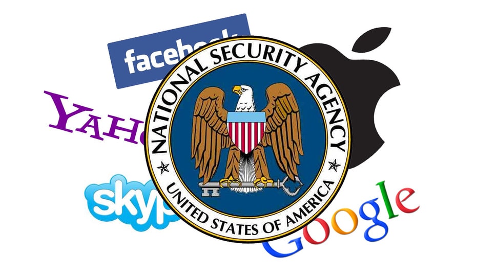 NSA logo surrounded by logos of Facebook, Yahoo, Skype, Apple, and Google