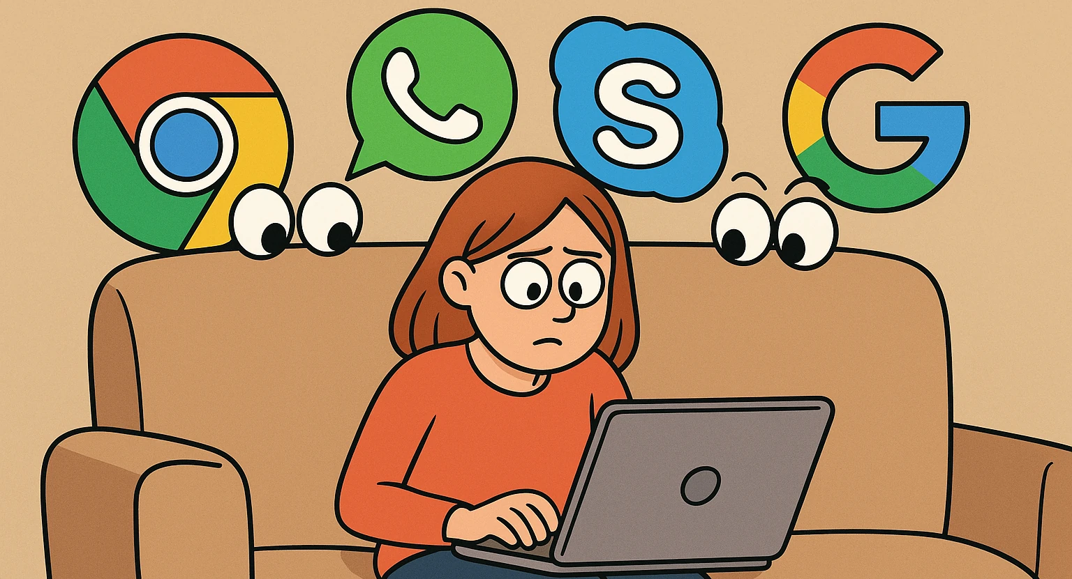 chrome, watsup, skype and google logos are spying behind the girl who is sitting with her laptop on a sofa in a cartoon style