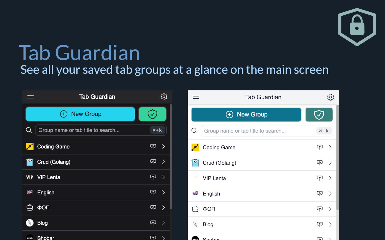 Tab Guardian extension banner with a sign 'See all of your saved tab groups at a glance on the main screen'