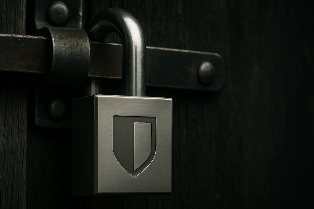 Metal lock with Bitwarden logo on it guarding a door