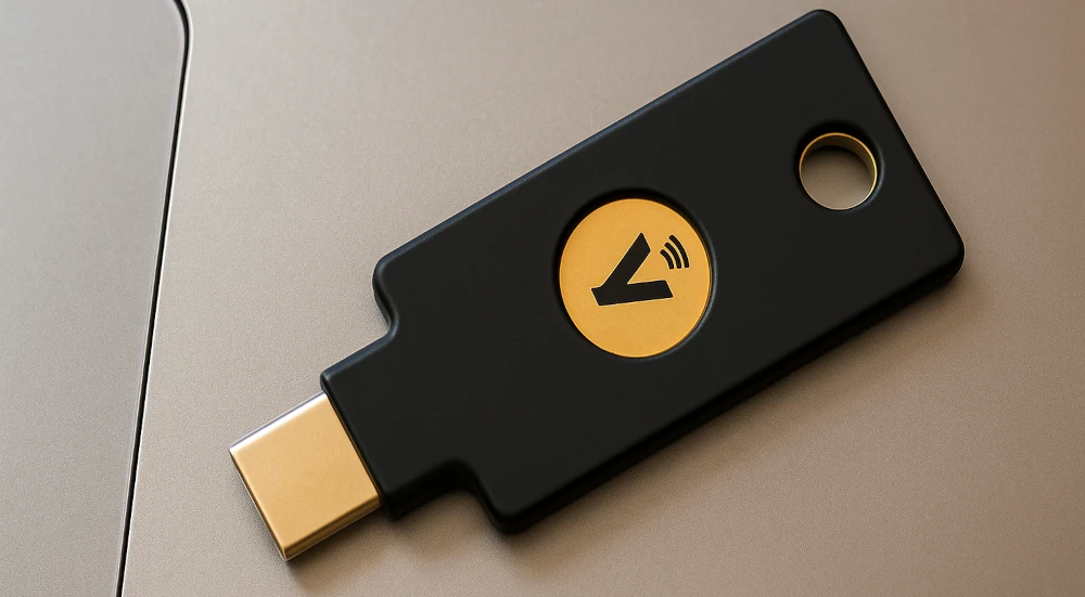 An authentication key lying on a laptop