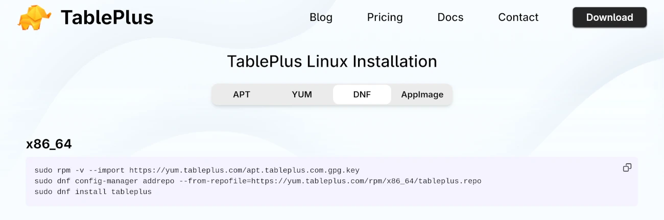 TablePlus installation page for Linux