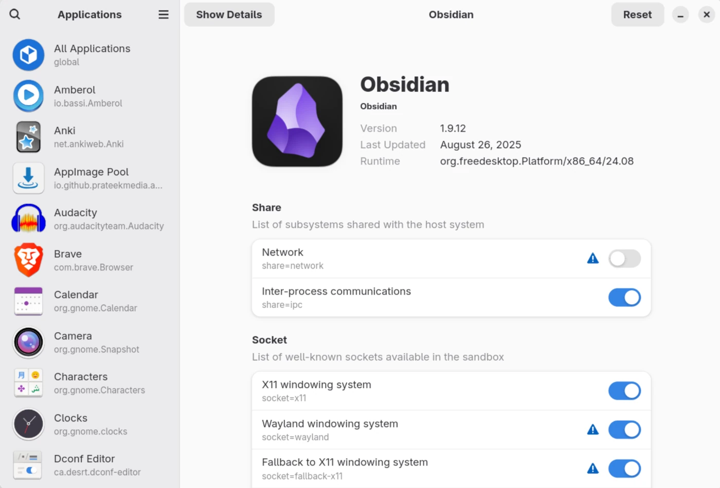 Flatseal user interface