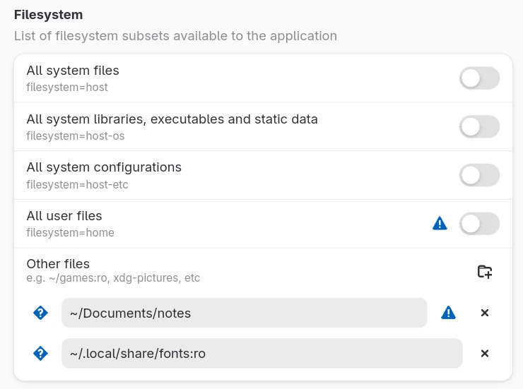 Filesystem setting in the Flatseal app