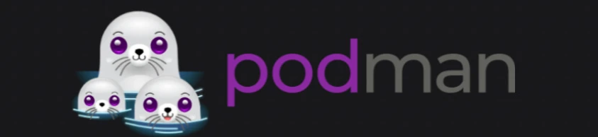 Podman logo with 3 seal heads sticking out from the water
