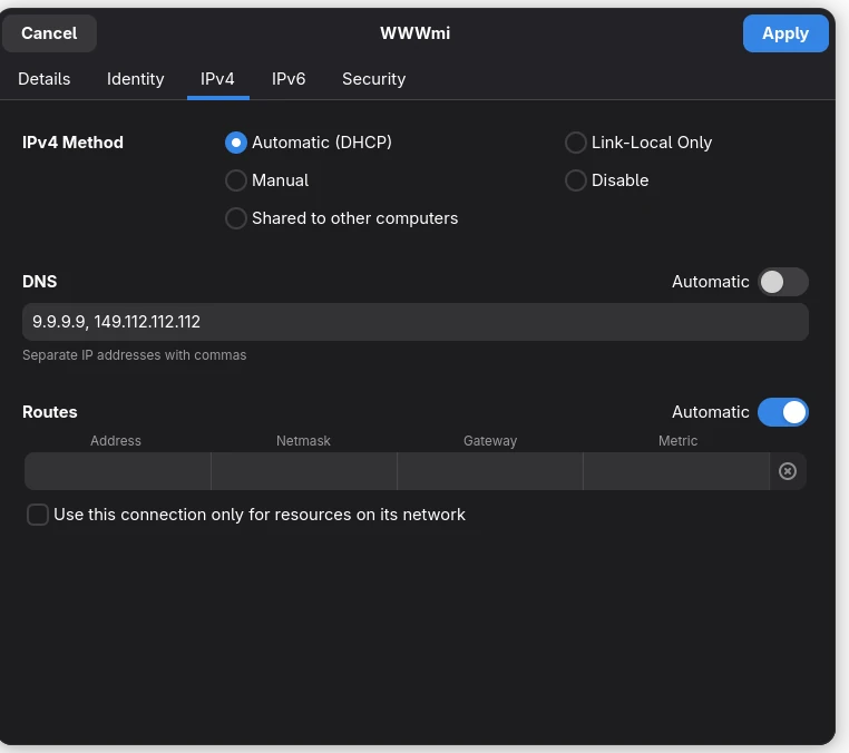 Configuration window for WiFi connection for GNOME desktop environment
