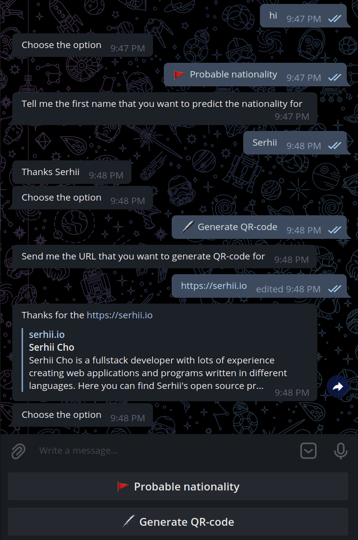 Screenshot of the telegram conversation
