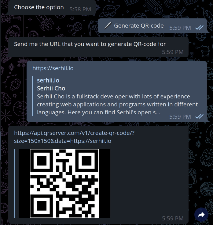 Screenshot of the Telegram chat