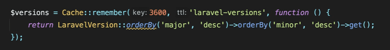 Screenshot of PHP Laravel code Cache::remember(key: 3600, ttl: 'laravel-version'...