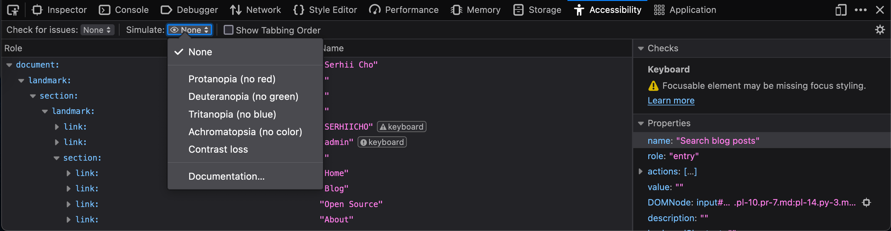 Accessibility tab in Firefox browser