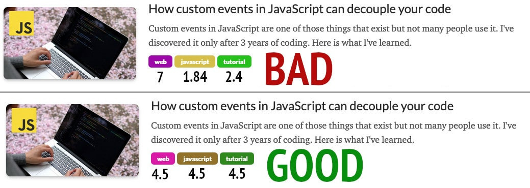 Two blog post items, one has tags a bad contrast ratio, the second has a good contrast ratio