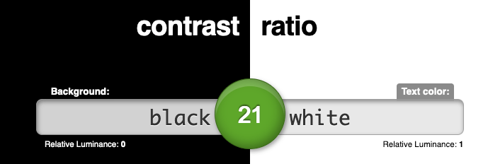 The screenshot of the contrast ratio between black and white colors on contrast-ratio.com website